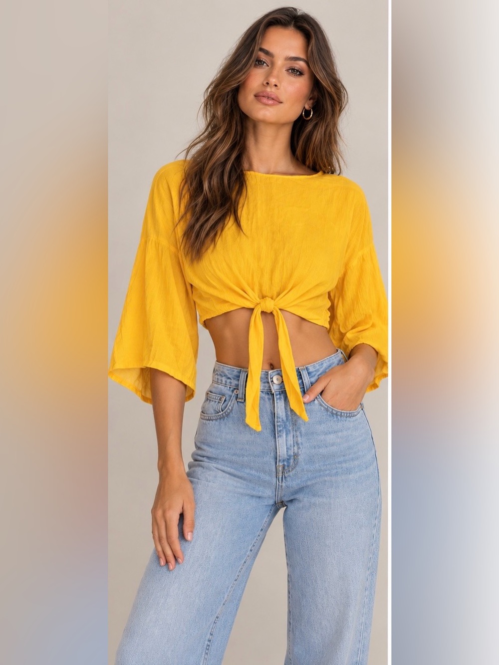 TOPSHOP Yellow Tie Front Cropped Top Long Sleeve Size 4 NWOT